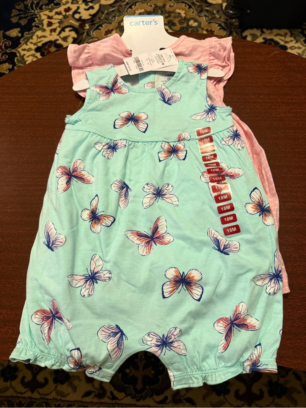 Carter's Mint Butterfly Print Romper with Pink Accent